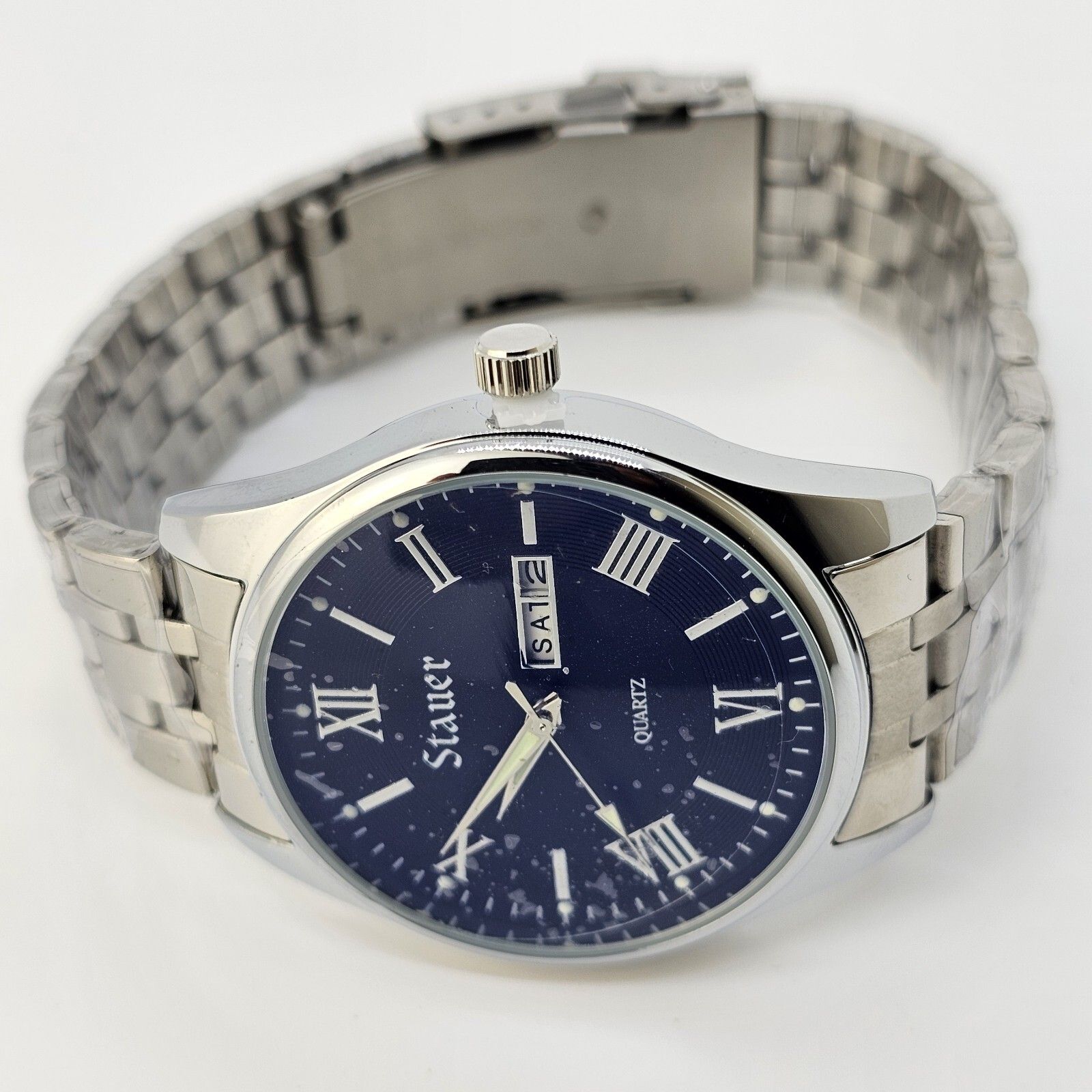 Stauer Mens Watch 40mm Roman Numerals Blue Dial Day Date Gray Bracelet Band 8
